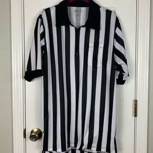 Smitty black/white striped referee short sleeved shirt size large 1/4 zip pocket